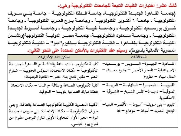 في ضوء الجدول الزمني لأعمال مكتب تنسيق القبول بالجامعات والمعاهد لهذا العام 2022، يسر وزارة التعليم العالي والبحث العلمي أن تعلن عن بدء مكتب التنسيق أعماله عقب انتهاء امتحانات الثانوية العامة المصرية وذلك بتنظيم اختبارات القدرات لطلابها الراغبين في الالتحاق بالكليات التي يشترط القبول بها اجتياز اختبارات القدرات المؤهلة وذلك وفقًا للشروط والقواعد الصادرة من المجلس الأعلى للجامعات. وتيسيرًا علي أبنائنا الطلاب وفي إطار منظومة الحكومة الإلكترونية، وما نشهده من تحول رقمي في جميع المجالات والخدمات التي تقدمها الدولة بجميع أجهزتها، قامت وزارة التعليم العالي بإتاحة الفرصة أمام أبنائنا الطلاب لتسجيل رغباتهم في أداء اختبارات القدرات إلكترونيًا عن طريق موقع التنسيق الإلكتروني على شبكة المعلومات الدولية "الإنترنت" وذلك خلال الفترة من يوم الاثنين الموافق 25/7/2022 حتى يوم السبت الموافق 6/8/2022. والكليات التي يُشترط القبول بها اجتياز اختبارات القدرات هي:- 1. كليات الإعلام. 2. كليات الفنون الجميلة (فنون– عمارة). 3. كليات الفنون التطبيقية بجامعات(حلوان - دمياط – بنها – بني سويف). 4. كلية التربية الموسيقية بالزمالك جامعة حلوان. 5. كلية التربية الفنية بالزمالك جامعة حلوان. 6. كلية التربية الفنية جامعة المنيا. 7. شعبتي التربية الفنية بكليتي (التربية بالإسماعيلية جامعة قناة السويس وكلية التربية بالسويس جامعة السويس). 8. شعبتي التربية (التربية الفنية و التربية الموسيقية) بكليات التربية النوعية وشعبة المسرح التربوي بكلية التربية النوعية جامعة المنصورة وفرعيها (ميت غمر – منية النصر). 9. كليات التربية الرياضية. 10. كلية التربية بالإسماعيلية (شعبة التربية الموسيقية) جامعة قناة السويس. 11. كليات التمريض والمعاهد الفنية للتمريض. 12. كليات التكنولوجيا والتعليم الصناعي بجامعات (حلوان – السويس – بني سويف –سوهاج). 13. الكليات التابعة للجامعات التكنولوجية بكل من (جامعة القاهرة الجديدة التكنولوجية- جامعة الدلتا التكنولوجية – جامعة بني سويف التكنولوجية - جامعة 6 أكتوبر التكنولوجية - جامعة برج العرب التكنولوجية - جامعة شرق بورسعيد التكنولوجية - جامعة طيبة التكنولوجية - جامعة أسيوط الجديدة التكنولوجية - جامعة سمنود التكنولوجية - جامعة مصر الدولية التكنولوجية (وتشمل الكلية التكنولوجية بالقاهرة – الكلية التكنولوجية بالفيوم"دمو") – الكلية التكنولوج