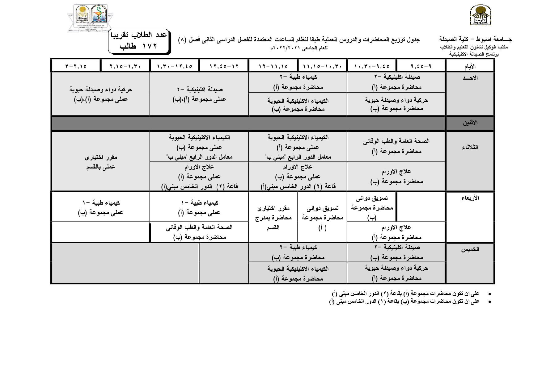 جداول توزيع المحاضرات والدروس العملية للفصل الدراسي الثانى للعام الجامعى 2021/2022م الصيدلة الإكلينيكية وذلك طبقاً لمواعيد شهر رمضان الكريم