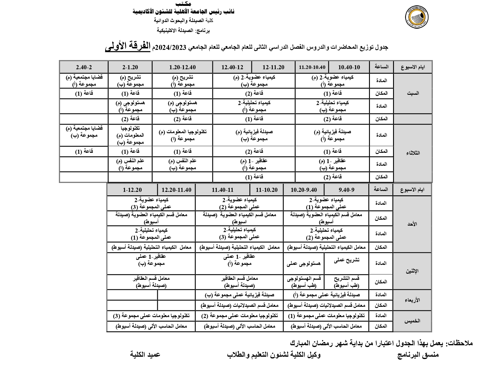 جدول توزیع المحاضرات والدروس خلال شهر رمضان المعظم للفصل الدراسي الثانى للعام الجامعي للعام الجامعي 2023/2024 الجامعة الأهلية الفرقة (أولى والثانية)