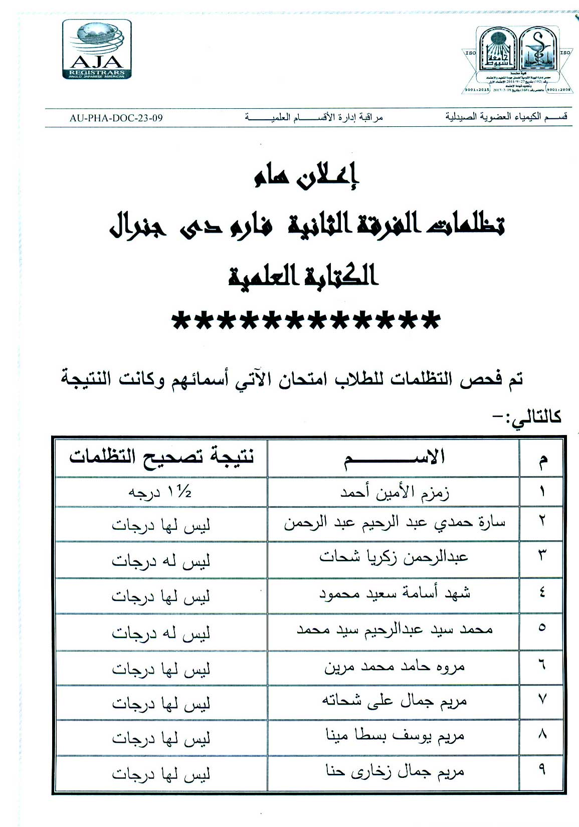 قسم الكيمياء العضوية الصيدلية يعلن تظلمات الفرقة الثانية فارم دى جينرال فى مقرر الكتابة العلمية