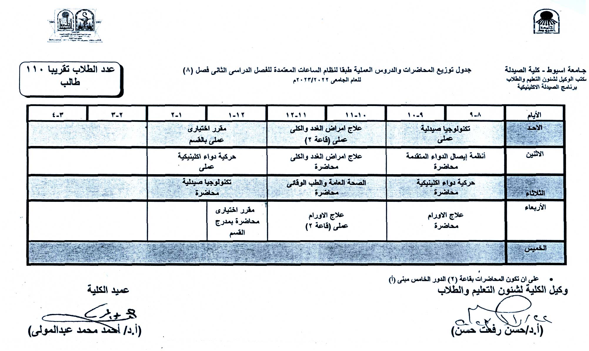 جدول توزيع المحاضرات والدروس العملية طبقا لنظام الساعات المعتمدة برنامج الصيدلة الاكلينيكية الفصل الدراسى الثانى للعام الجامعى 2023/2022م