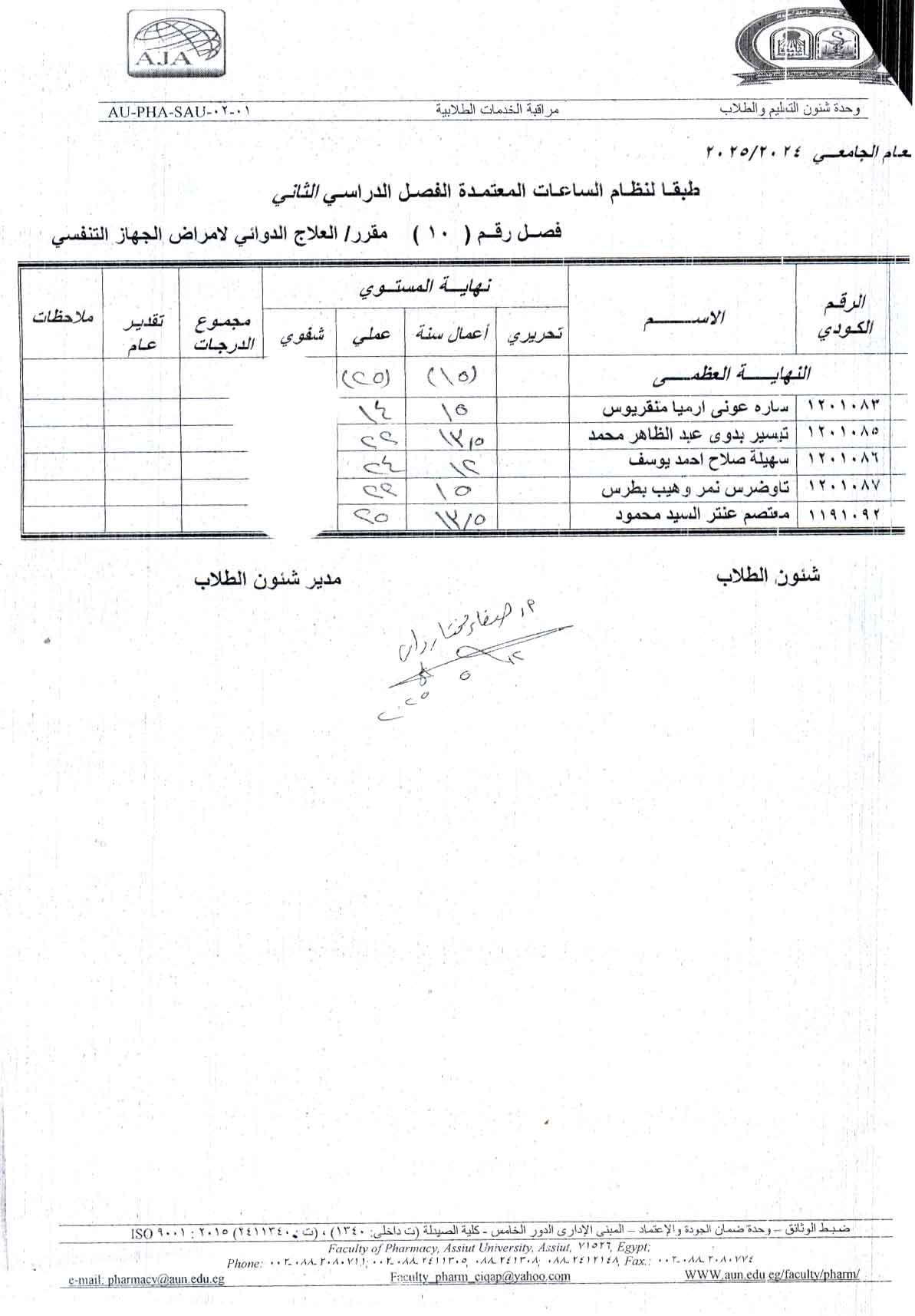 كشف درجات مقرر العلاج الدوائي لامراض الجهاز التنفسي لطلاب برنامج الصيدلة الاكلينيكية فصل (10)