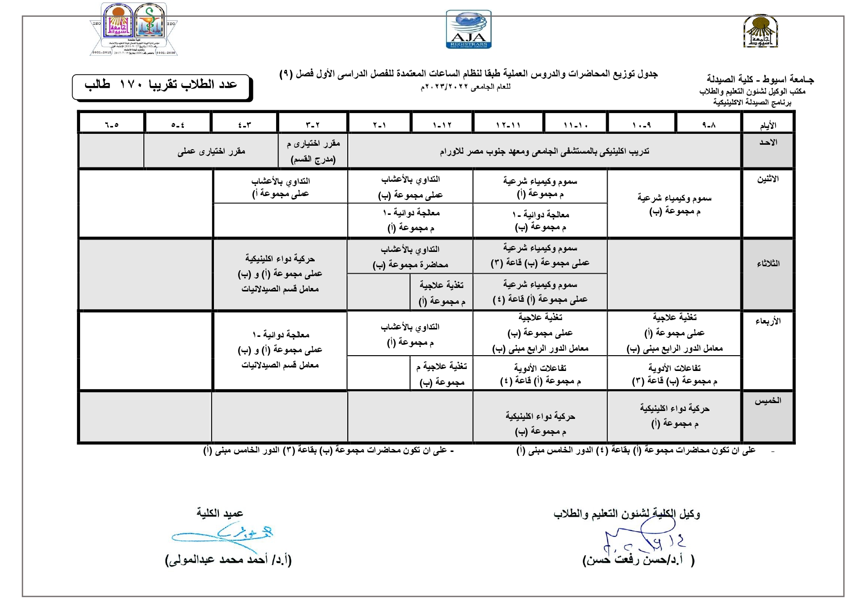 جدول توزيع المحاضرات والدروس العملية طبقا لنظام الساعات المعتمدة لبرنامج الصيدلة الاكلينيكية للفصل الدراسى الأول للعام الجامعى 2022/2023م